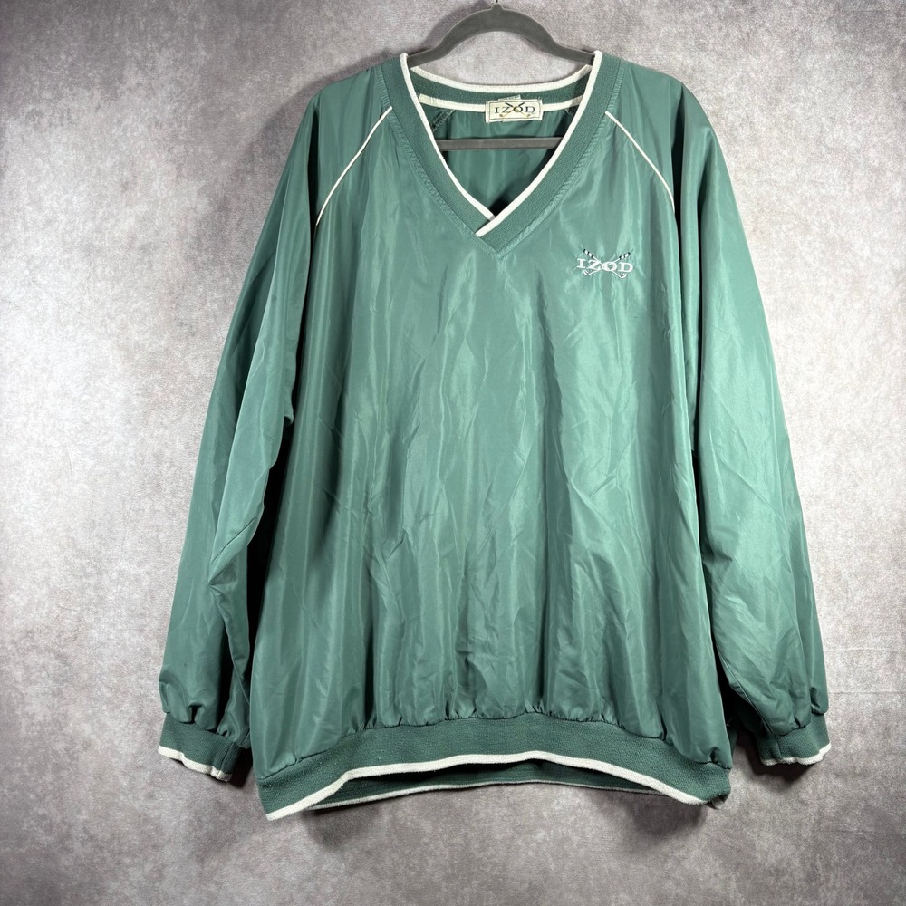 Vintage Izod Windbreaker Mens XL Green Golf Pullover V-Neck Retro 90s Sporty
